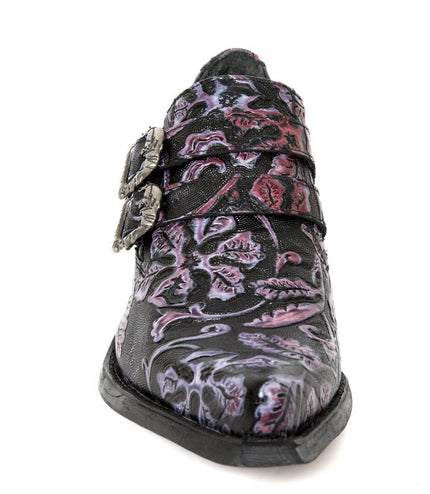 New Rock Vintage Purple Floral Leather Buckle Shoes-7960-S8