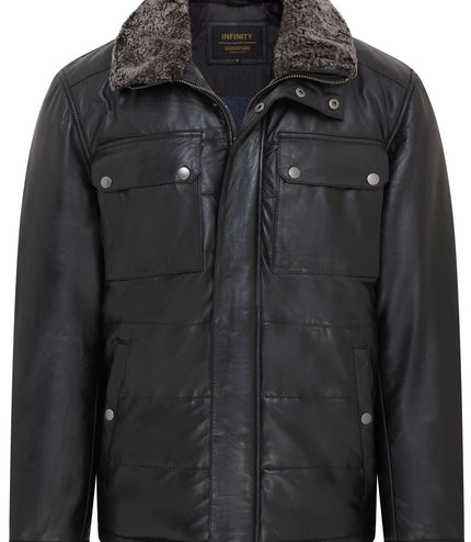 Men's Lamb Leather Puffer Bomber Warm Biker Jacket - Black