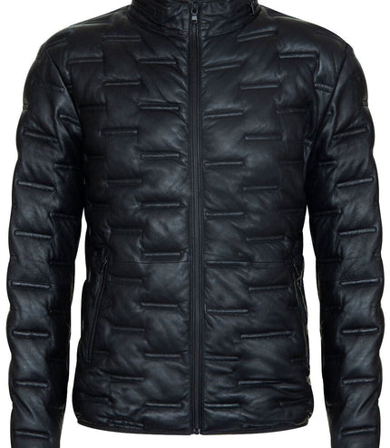 Men's Puffer Quilted Bomber Leather Jacket - Recife - Black