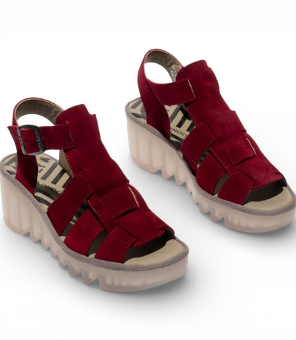 Fly London Women's BAIC621FLY Berry Red Suede Leather Wedge Sandals