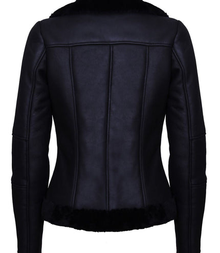 Womens Black Shearling Sheepskin Aviator Jacket-Kiev