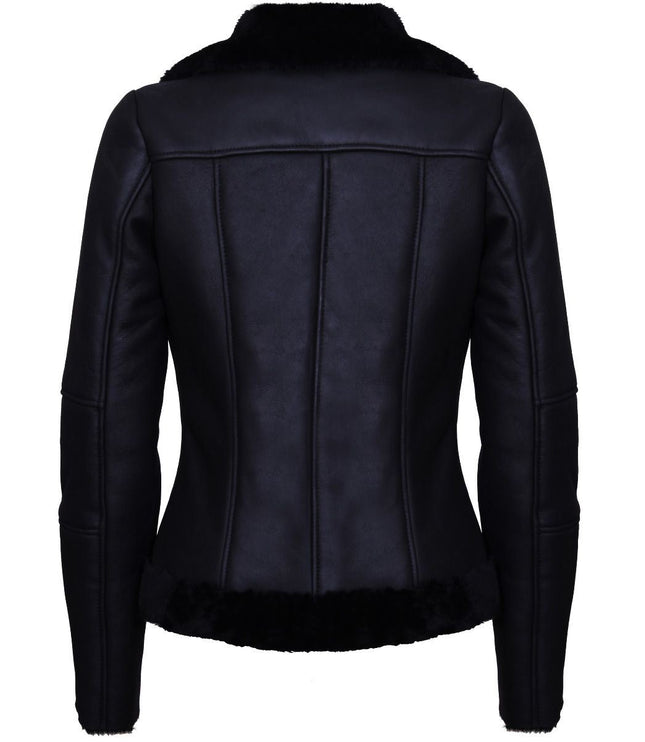 Womens Black Shearling Sheepskin Aviator Jacket-Kiev