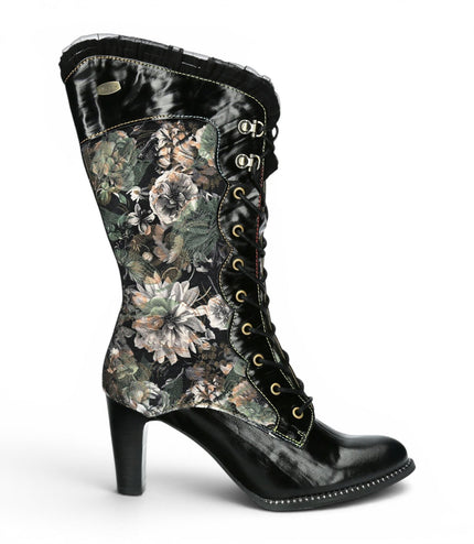 Laura Vita Floral Womens Goth Victorian Black Leather Heeled High Boots - Alcbane-351