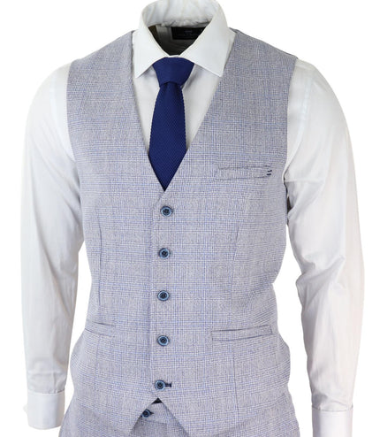 Mens 3 Piece Tweed Suit Light Blue Check Peaky Blinders 1920 Gatsby Wedding Suit