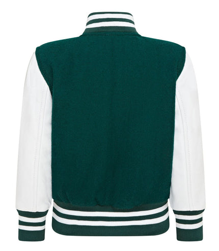 Kids Green Wool Varsity Bomber Jacket with Real Leather Sleeves