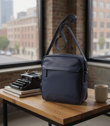 Genuine Leather Navy Vintage Messenger Crossbody Travel Bag - Hawthrone