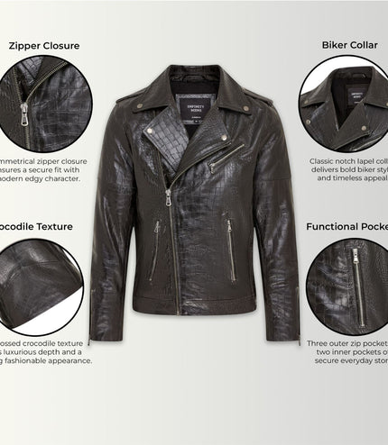 Mens Black Cow Leather Alligator Print Embossed Biker Jacket - Rot