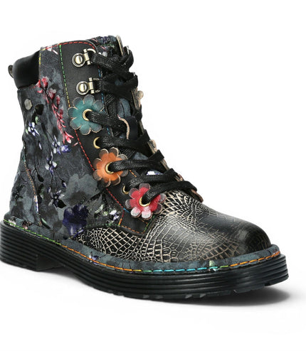 Laura Vita Women's Gothic Victorian Floral Black Leather Lace-Up Boots - Incaso-39