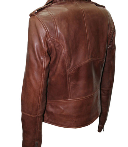 Womens Chestnut Leather Biker Jacket-Reynosa