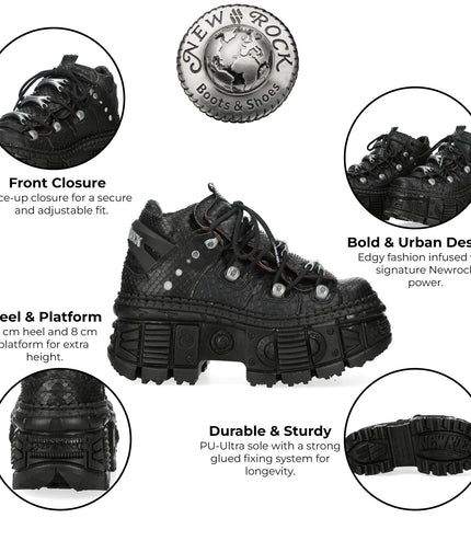 New Rock M-106Wall-C65 Python Black Leather Platform Ankle Boots