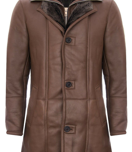 Mens Warm Shearling Sheepskin Leather Coat-Florence - Brown