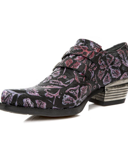 New Rock Vintage Purple Floral Leather Buckle Shoes-7960-S8