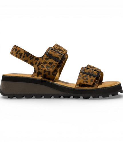 Fly London Women's HEIF558FLY Cheetah Tan Leather Wedge Buckle Sandals