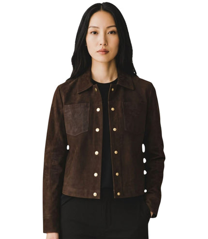 Womens Brown Leather Shacket Collar Jacket - Lofar