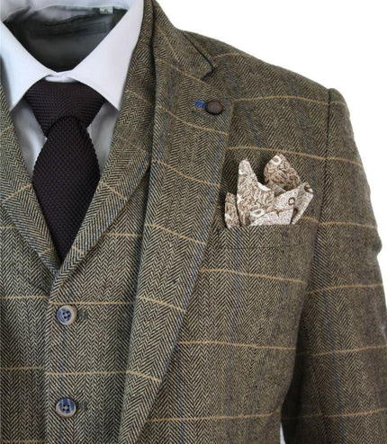 Mens 3 Piece Tan Brown Check Tweed Herringbone Vintage Classic Suit