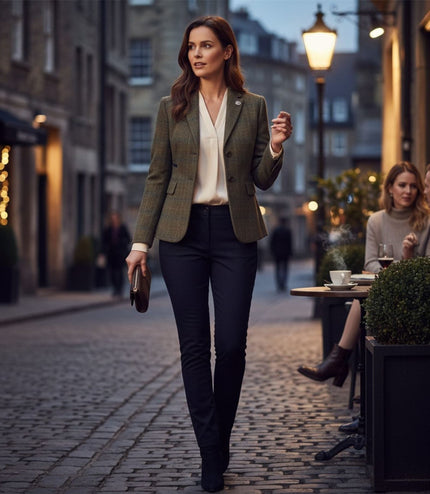 Women's Olive Tailored Check Tweed Blazer Formal Jacket - TPSTZ-7