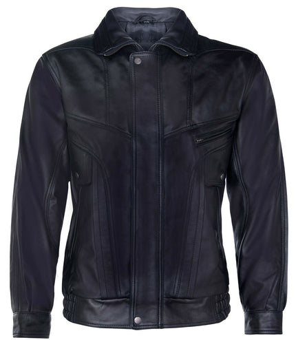 Mens Classic Harrington Bomber Leather Jacket-Minsk - Black