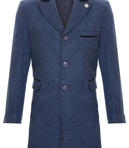 Mens 3/4 Long Navy Overcoat Jacket Herringbone Tweed Coat Peaky Blinder