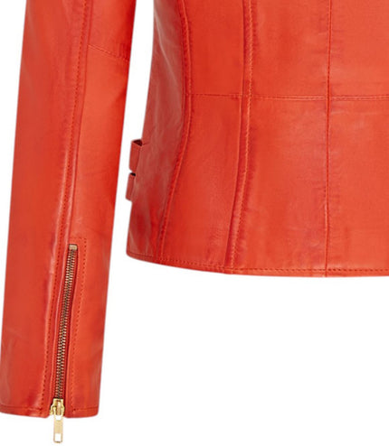 Womens Leather Brando Biker Jacket-Orlando - Orange