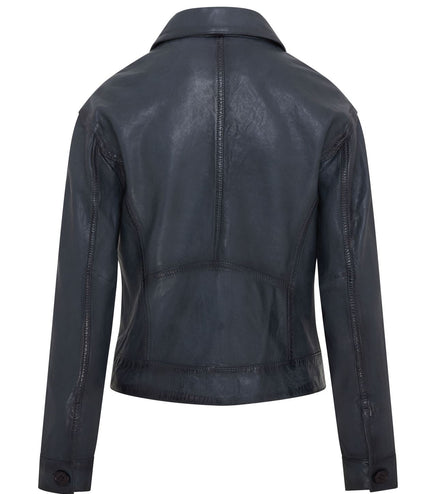 Womens Vintage Classic Lamb Leather Collared Biker Jacket - Navy