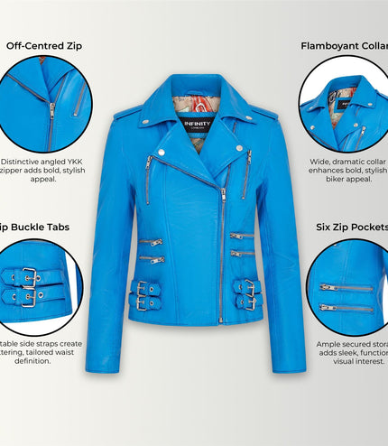 Womens Leather Brando Biker Jacket-Orlando - Blue