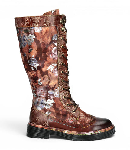 Laura Vita Women's Maroon Gothic Victorian Floral Maroon Leather Knee-High Lace-Up Boots - Incaso-50