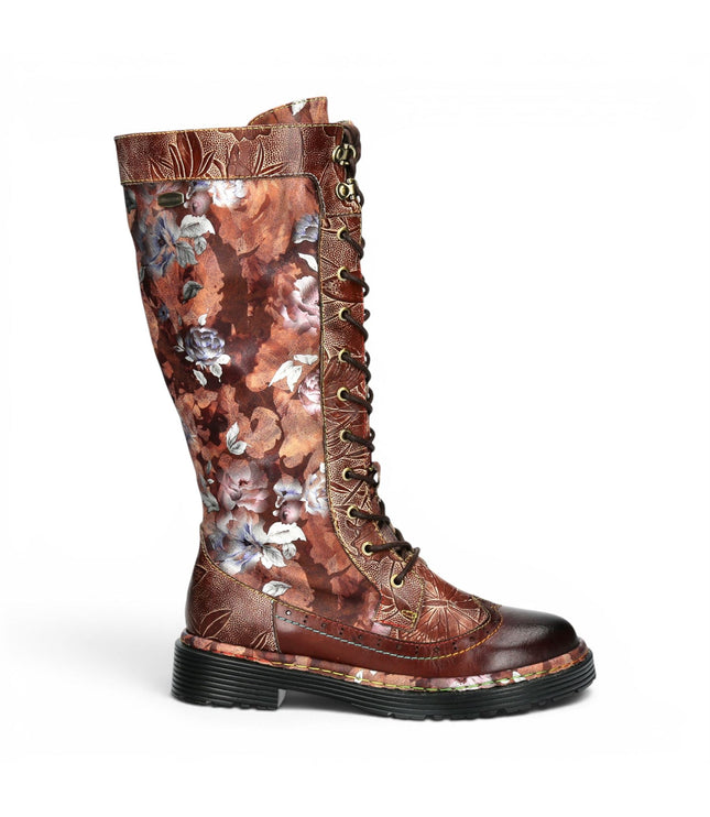 Laura Vita Women's Maroon Gothic Victorian Floral Maroon Leather Knee-High Lace-Up Boots - Incaso-50