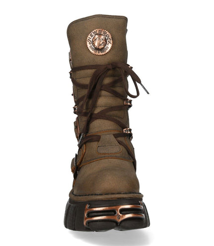 New Rock Brown Leather Gothic Mid-Calf Biker Boots - M-373XL-C120