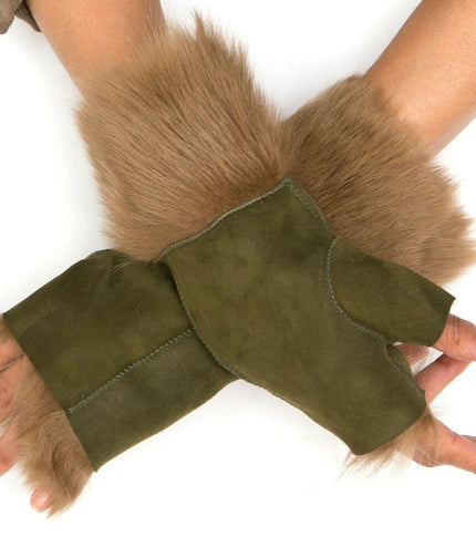 Womens Shearling  Mittens Fingerless Cuffs Toscana Suede Sheepskin Fur - Olive