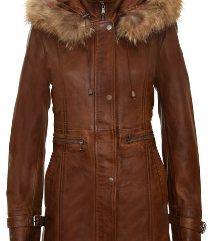 Womens Warm Leather Hooded Parka Jacket-Northwich - Tan