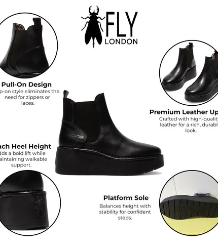 Fly London Womens Black Hely268 Chelsea Leather Ankle Pull-On Platform Comfort Boots
