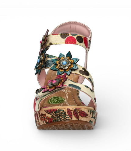 Laura Vita Women's Nellao 33 Beige Floral Leather Wedge Heel Espadrille Sandals