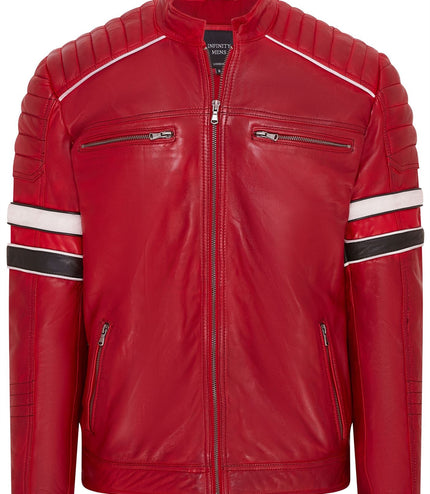 Mens Quilted Biker Leather Jacket Racing Jacket - Red
