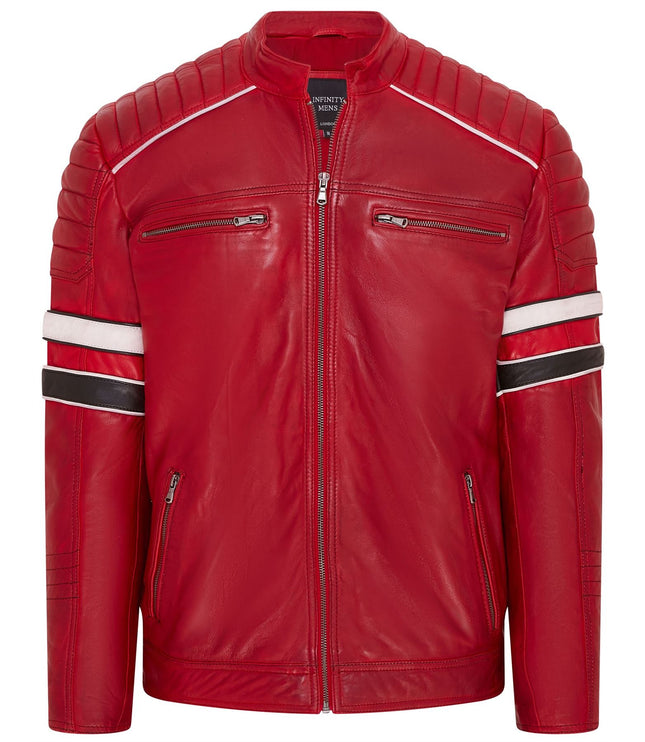 Mens Quilted Biker Leather Jacket Racing Jacket - Red