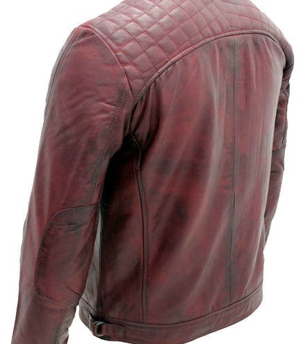 Men's Vintage Leather Quilted Biker Jacket-Monaco - Burgundy