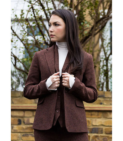 Women's Rust Brown Herringbone Wool Tweed Check Blazer