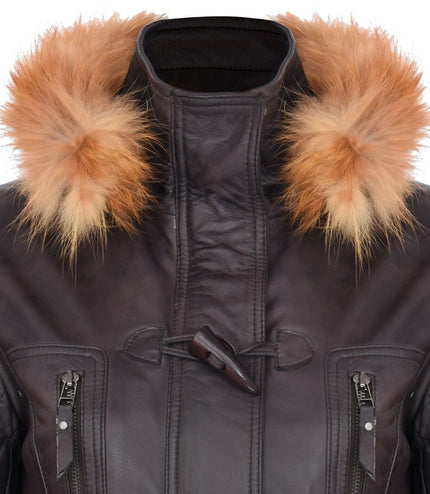 Womens Quilted Leather Parka Jacket-Brussels - Brown