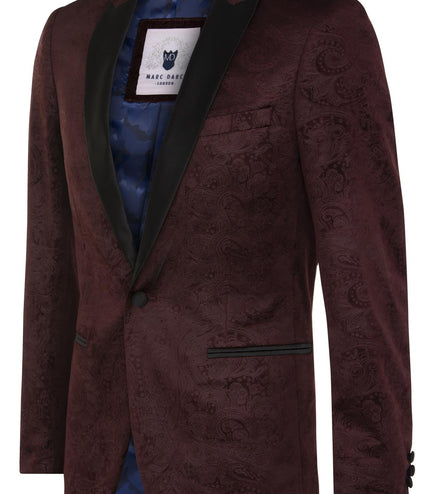 Mens Wine Velvet Paisley Blazer Dinner Jacket
