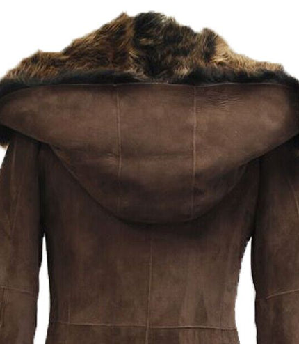 Womens Suede Toscana Sheepskin Hooded Trench Coat-Rushden - Brown Gold