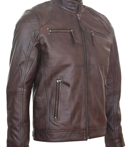 Mens Moto Leather Biker Jacket-Taiwan - Brown