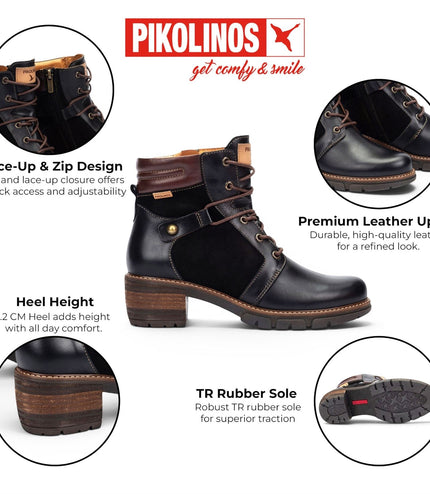 Pikolinos Women’s Black Leather Zip & Lace Up Heel Ankle Boots - San Sebastia