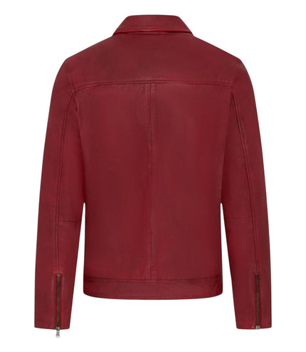 Mens Leather Red Harrington Collar Biker Jacket - Alpha