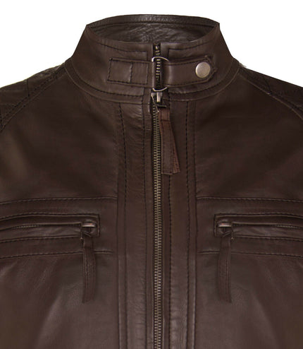 Men's Vintage Leather Quilted Biker Jacket-Monaco - Brown