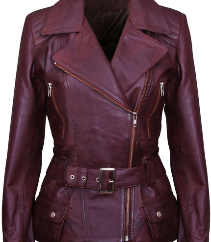 Womens Long Leather Biker Jacket-Quito - Brown
