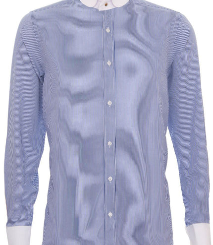 Mens Peaky Blinders Removable Collar Nehru Royal Blue Striped Collarless Shirt