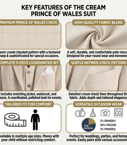 Boys Cream 3 Piece Check Formal Suit - Regent