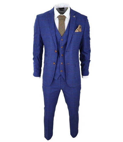 Mens Blue Brown Check 3 Piece Tailored Fit Suit