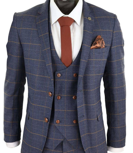 Mens 3 Piece Navy Blue Retro Check Vintage Classic Suit