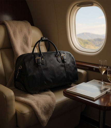 Genuine Leather Black Wheeled Holdall Duffle Travel Cabin Bag - Holt