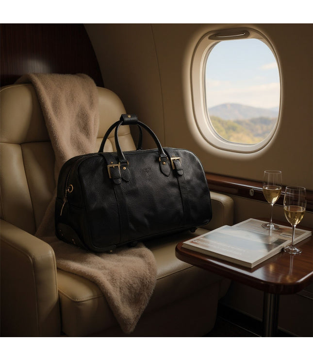 Genuine Leather Black Wheeled Holdall Duffle Travel Cabin Bag - Holt